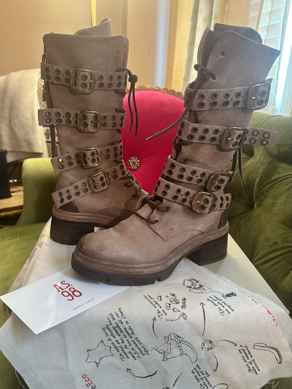 A.S.98 Taupe/Brown Studded Lace-Up Buckle Boots